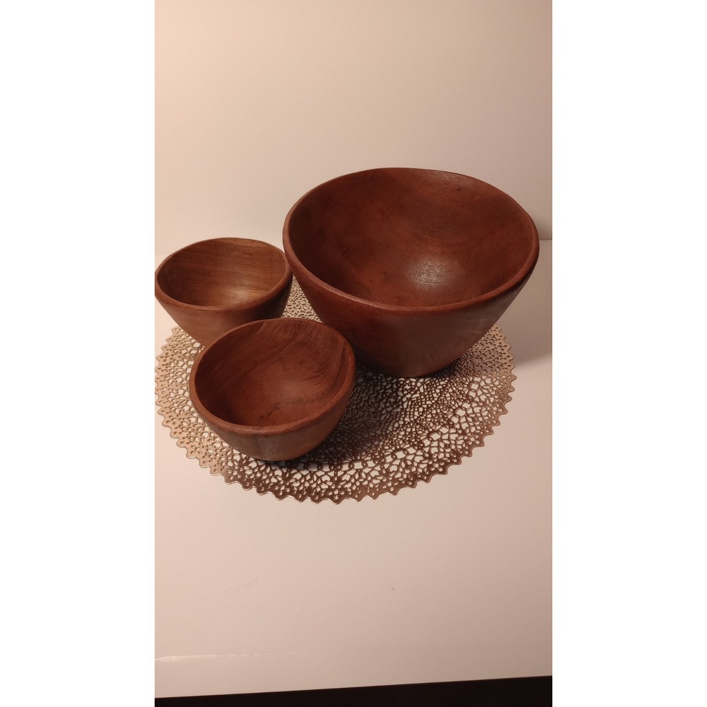 Vgt Lg MCM Hand Carved Wood Salad Bowl Set & Bowls Decor Thailand *READ*